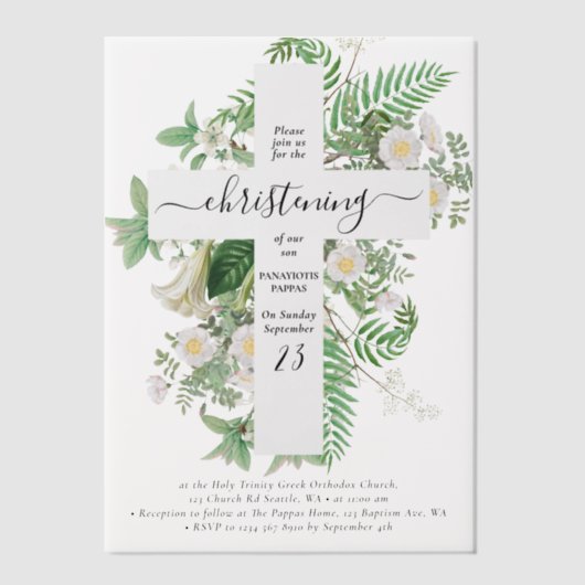 Grieks-orthodoxe baptisme Christening Cross Greene Vellum Uitnodigingen (Voorkant)