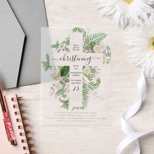 Grieks-orthodoxe baptisme Christening Cross Greene Vellum Uitnodigingen (Huwelijk)