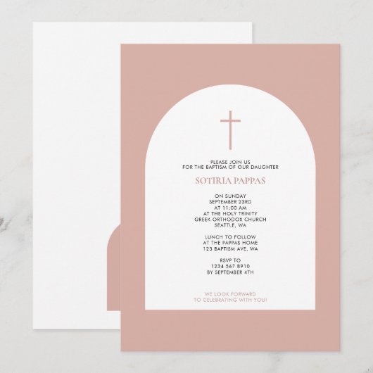 Grieks-orthodoxe Christening Baptism Girl Pink Arc Kaart (Voorkant / Achterkant)