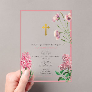 Grieks-orthodoxe Christening Baptisme Roze Floral Acryl Uitnodigingen