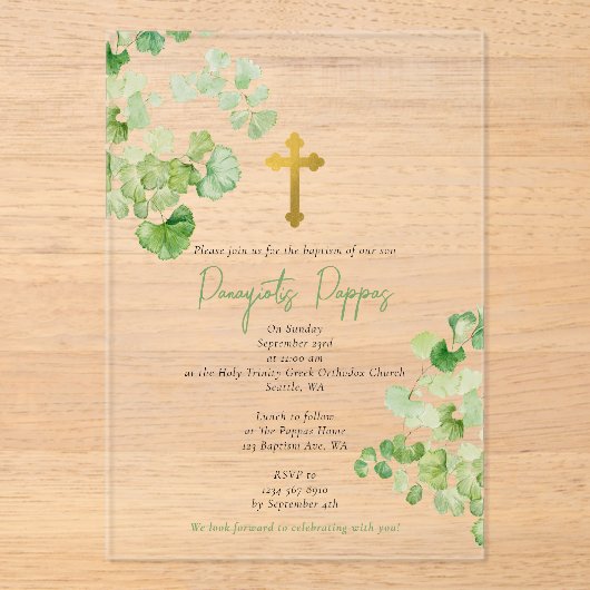 Grieks-orthodoxe doop groen acryl uitnodigingen (Voorkant)