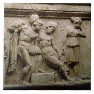 Grieks Sarcophagus met een scène die de slag toon Tegeltje