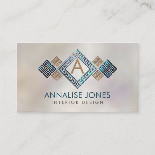 Grieks Sleutel Grieks meander Monogram Abalone Gou Visitekaartje (Voorkant)