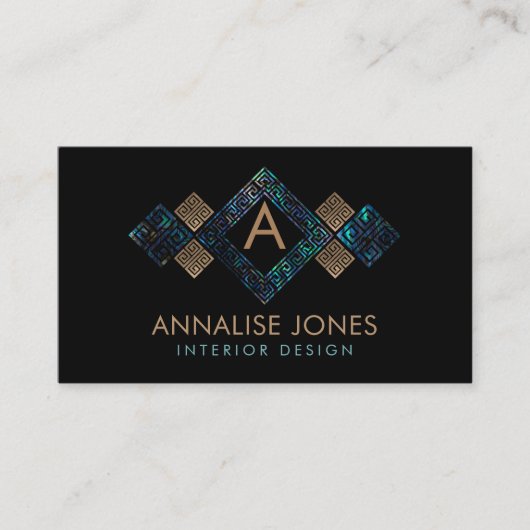 Grieks Sleutel Grieks meander Monogram Abalone Gou Visitekaartje (Voorkant)