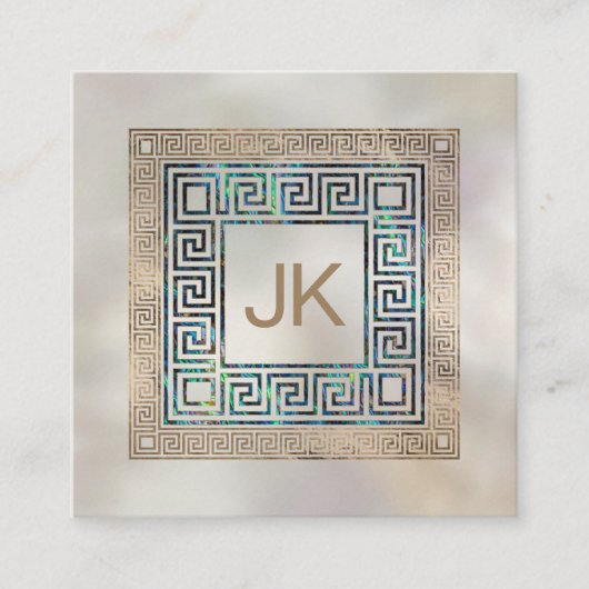 Grieks Sleutel Meander Monogram Abalone en goud Vierkante Visitekaartje (Voorkant)