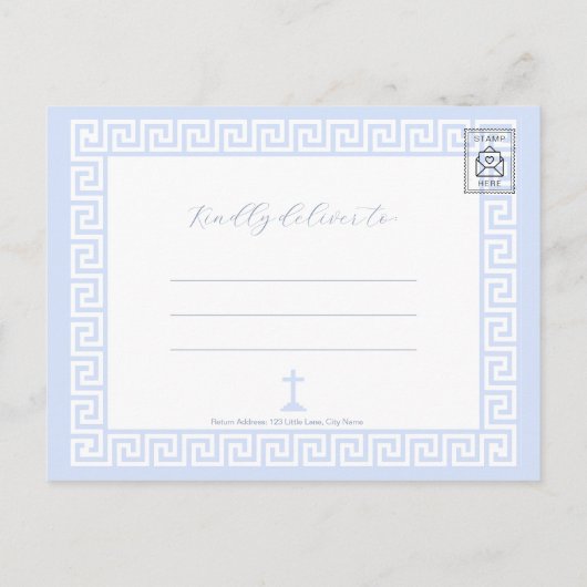 Grieks Sleutel Wit Blauw Doop Uitnodiging Briefkaa (Achterkant)