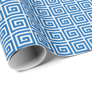 Grieks sleutelontwerp - blauw en wit uiterlijk cadeaupapier