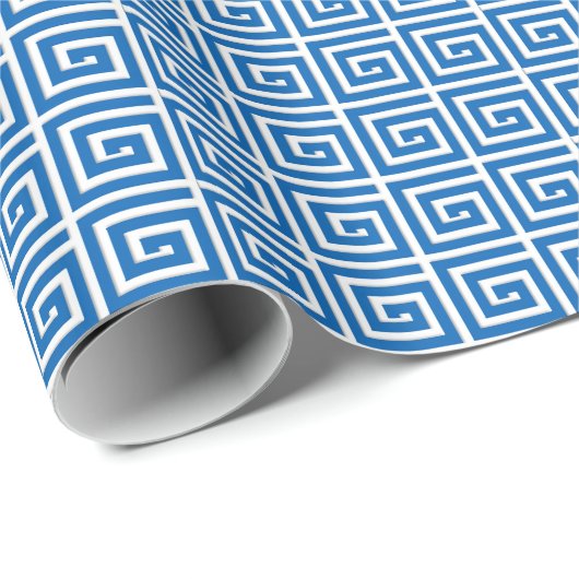 Grieks sleutelontwerp - blauw en wit uiterlijk cadeaupapier (Rol Hoek)