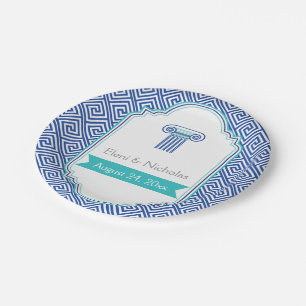 Grieks sleutelpatroon en aqua blauwe kolom bruilof papieren bordje