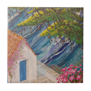 Grieks Vakantie Blauw en Roze Tegeltje