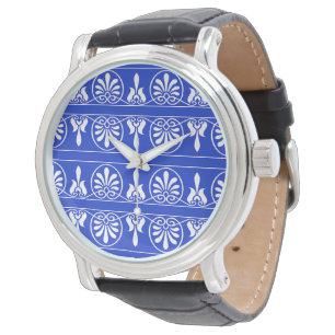 Griekse Arabesk Mediterraan Patroon Blauw Horloge