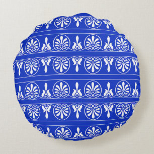 Griekse Arabesk Mediterraan Patroon Blauw Rond Kussen