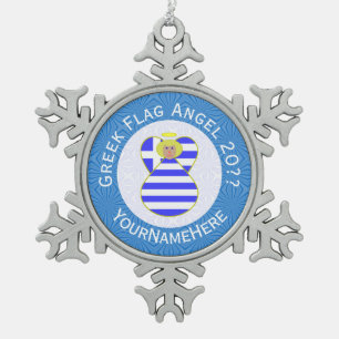 Griekse Blonde Engel Hanukkah Vlag Gepersonaliseer Tin Sneeuwvlok Ornament
