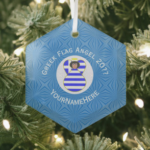 Griekse engel zwart haar Hanukkah vlag gepersonali Glas Ornament