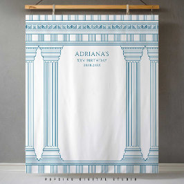 Griekse feest achtergrond met blauwe tempel wandkleed