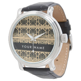 Griekse Fret Arabesk Bruin, Uw Naam, Personaliseer Horloge