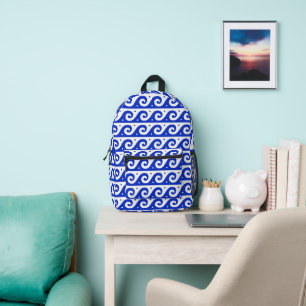 Griekse fret, mediterraan golfpatroon, blauw bedrukte rugzak