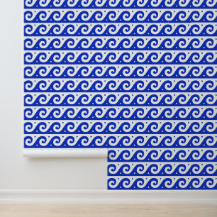 Griekse fret, mediterraan golfpatroon, blauw behang