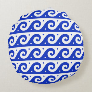 Griekse fret, mediterraan golfpatroon, blauw rond kussen