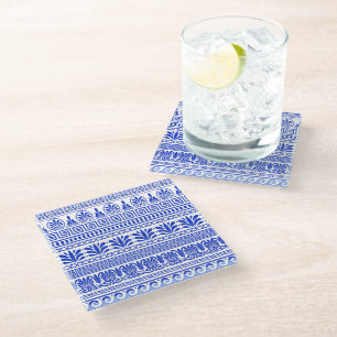 Griekse fret, mediterraan patroon, blauw glazen onderzetter
