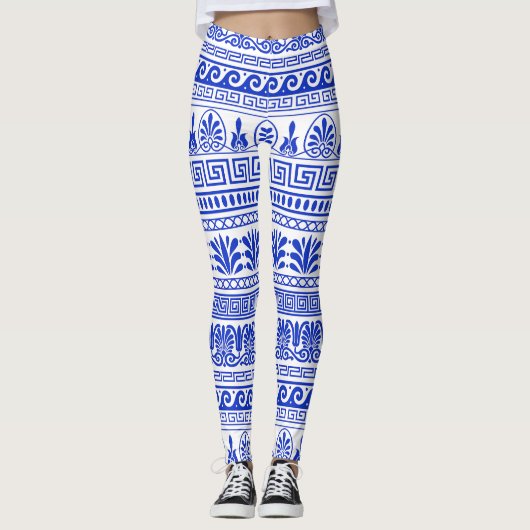 Griekse fret, mediterraan patroon, blauw leggings (Voorkant)