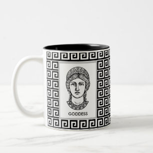 Griekse Godin op Zwarte & Witte Geometrische Patro Tweekleurige Koffiemok
