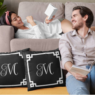 Griekse hoofdgrens voor zwart-wit monogram kussen