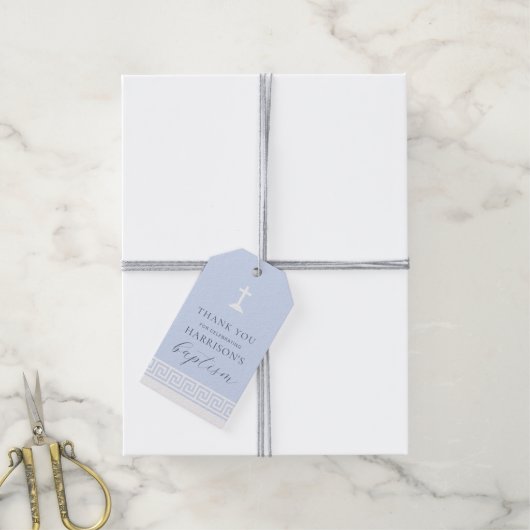 Griekse Key Blauwe Doop Dank u Cadeaulabel (Met Touw)