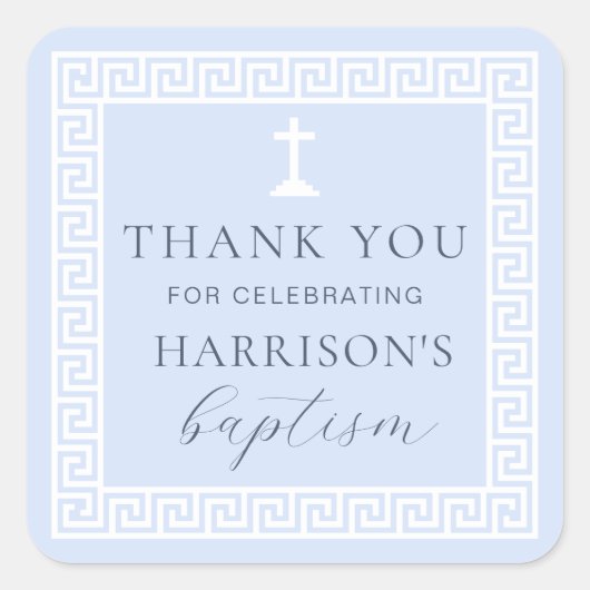 Griekse Key Blauwe Doop Dank u Vierkante Sticker (Voorkant)
