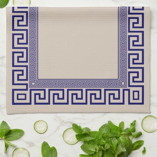 Griekse mander - Griekse sleutel - blauw en room Theedoek (Gevouwen)