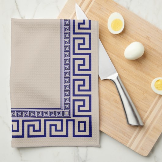 Griekse mander - Griekse sleutel - blauw en room Theedoek (Quarter Fold)