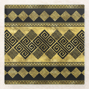 Griekse mander - Griekse sleutel zwart en goud Glazen Onderzetter