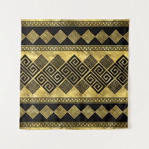 Griekse mander - Griekse sleutel zwart en goud Wandkleed