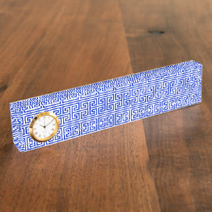 Griekse Meander Key Square H Patroon Blauw Naambordje