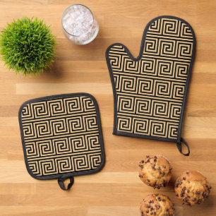 Griekse Meander Key Squares Patroon Bruin Ovenwant & Pannenlap Set