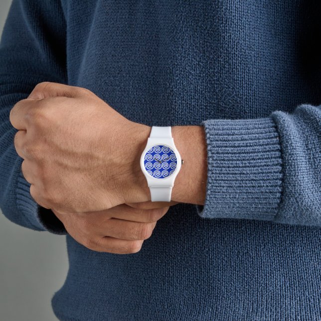 Griekse Meander Key Waves Patroon Blauw Horloge (Hand)