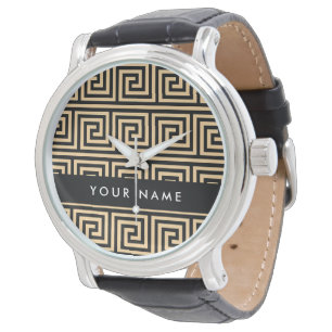 Griekse Meander Sleutel Bruin, Uw Naam, Personalis Horloge