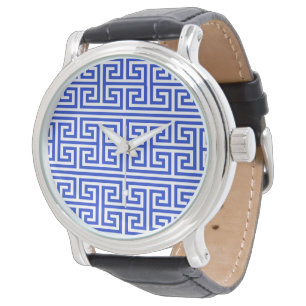 Griekse Meander Sleutel Vierkant H Patroon Blauw Horloge