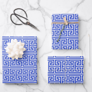 Griekse Meander Sleutel Vierkant H Patroon Blauw Inpakpapier Vel