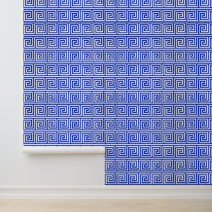 Griekse Meander Sleutel Vierkanten Patroon Blauw Behang