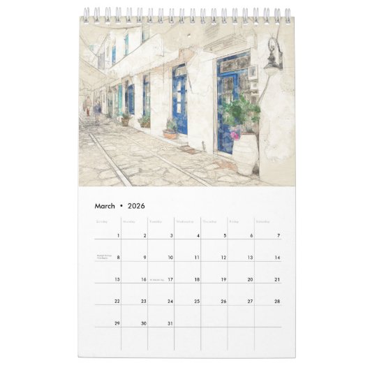 Griekse Schetsen 2026 Muur Kalender – Handgetekend (Mar 2026)
