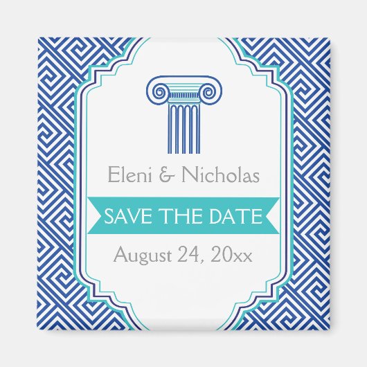 Griekse sleutel & aqua blauwe kolom bruiloft Save Magneet (Voorkant)
