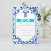 Griekse sleutel en aqua, blauwe kolom bruiloft RSV RSVP Kaartje (Staand voorkant)