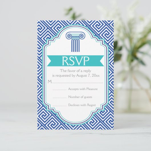 Griekse sleutel en aqua, blauwe kolom bruiloft RSV RSVP Kaartje (Staand voorkant)