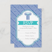 Griekse sleutel en aqua, blauwe kolom bruiloft RSV RSVP Kaartje (Voorkant / Achterkant)