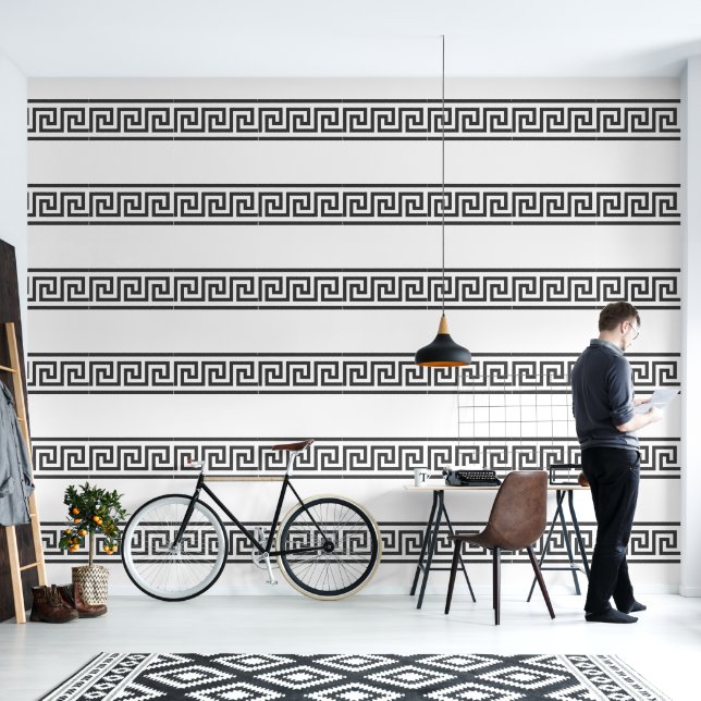 Griekse Sleutel Minimalist Zwart op Wit Designer Behang (Woonkamer)