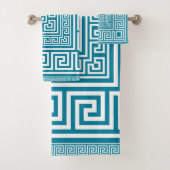 Griekse sleutelversiering - wit op blauwgroen bad handdoek (Insitu)