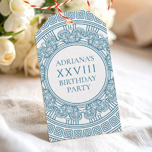 Griekse verjaardag toga feest met blauwe ontwerp cadeaulabel
