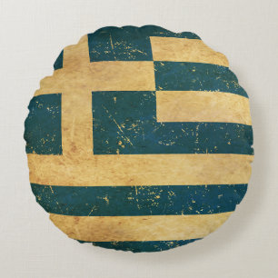 Griekse Vlag Vintage Grunge Ontwerp Rond Kussen