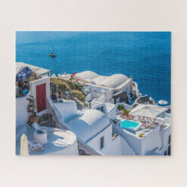 Griekse witte heuvelgebouwen, mediterraan Zee Legpuzzel